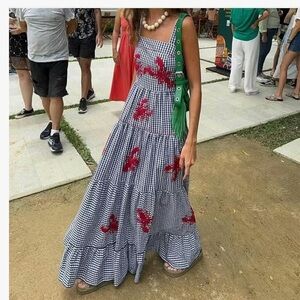 Gingham Maxi Dress with Red lobster coastal Accents